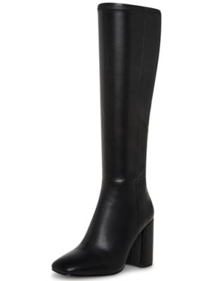 Women's Faux Leather Tall Boots Fashion Square Toe Chunky Heel Knee High Boots with Side Zip