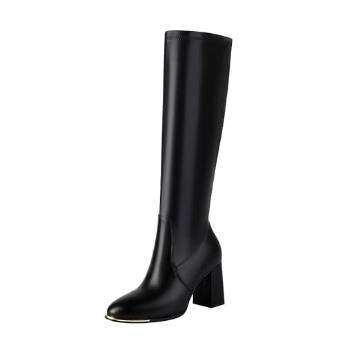 Women's Knee High Boots Pointed Toe Chunky Heel Long Boots With Side Zipper