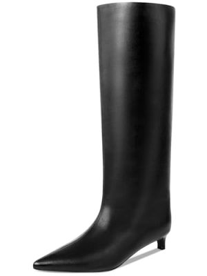 Kitten Heel Knee High Boots for Women, 1.5-in Stiletto Low Heel Long Boots Women Knee High, Womens Pull on Pointed Toe Tall