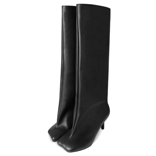 21t5MihlWyL.jpg Women's Suede Knee High Boots Square Toe Stiletto Heels Wide Calf Tall Boots