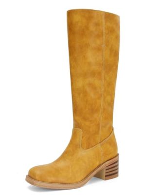 31-39I3AiaL.jpg Womens Banana Knee High Boots Square Toe Comfortable Campus Boots Block Heel Riding Boots Wide Calf Long Tall Boots