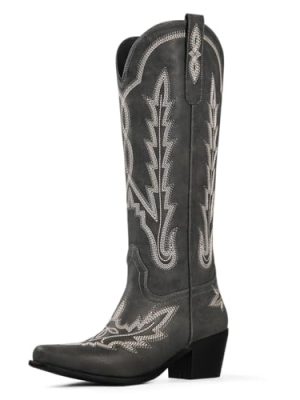 Cowboy Boots for Women Knee High Cowgirl Boots with Classic Embroidered Slip On Pointed Toe Chunky Heel Pull On Fashion Retro