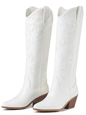 Cowboy Boots For Women 2-Inch Low Heel Comfortable Tall Knee High Western Cowgirl Boots Pointed Toe Botas Vaqueras Para Mujer