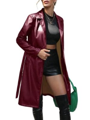Leather Jacket Women Trench Coat Long Loose Button Jacket Open Front Motorcycle Coat with Belt