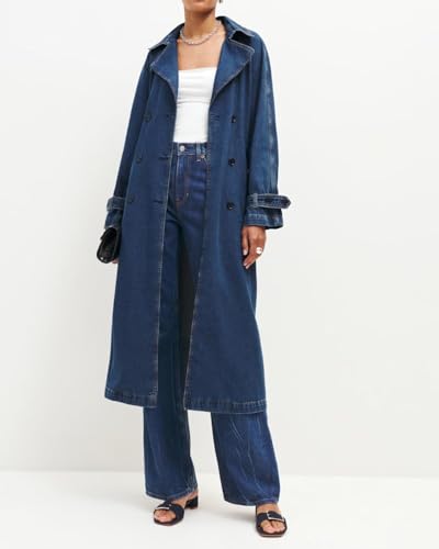 312c1fuxrcL.jpg Women's Denim Trench Coat Double Breasted Jean Midi Overcoat Classic Lapel Long Jackets With Belt