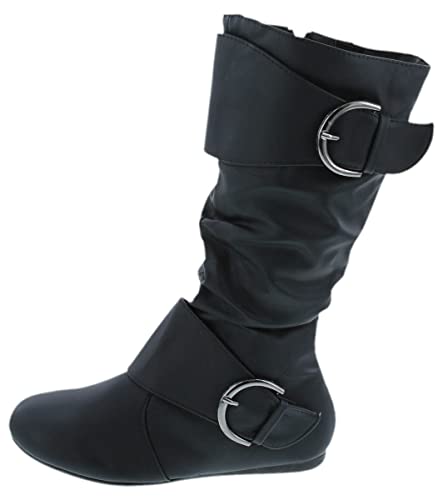 313IgHCxxmL.jpg Women's Klein-70 Closed Round Toe Buckle Slouch Flat Heel Mid-Calf Boot