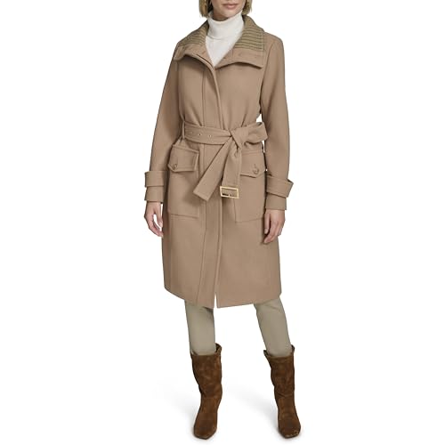 31465hXsN-L.jpg Women's Stand Belted Wool Trench Coat with Soft Ribbed-Knit Collar Detail