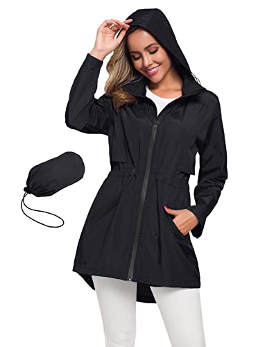 Women's Long Raincoat with Hood Outdoor Lightweight Windbreaker Rain Jacket Waterproof
