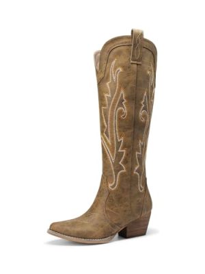 Womens Cowboy Knee High Boots Comfortable Pull On Side Zipper Chunky Heel Embroidered Western Cowgirl Boots Retro Tall Boot