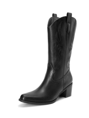 Women's Square Toe Cowboy Cowgirl Boots Embroidered Mid Calf Western Boots Fashion Dress Low Chunky Heel Boots for Theme Party