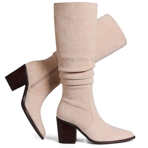 318BTD4ftL.jpg Knee High Boots Women Suede Boots Pointy Toe Chunky Block Heels Side Zipper Wide Calf Boots Fashion Dress Tall Boots Fall Winter