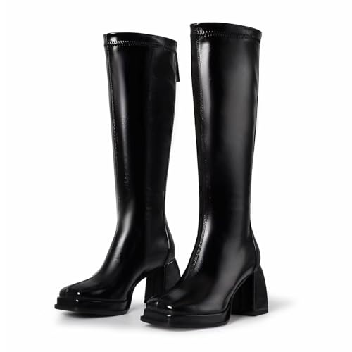 Fashion Knee High Boots Women Chunky Heel Square Toe Tall Boots for Women High Heel Black Side Zipper Long Boots