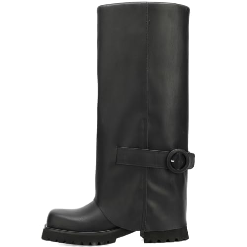 Knee High Boots Women Platform Knee High Boots for Women Square Toe Fold Over Dress Long Tall Boots