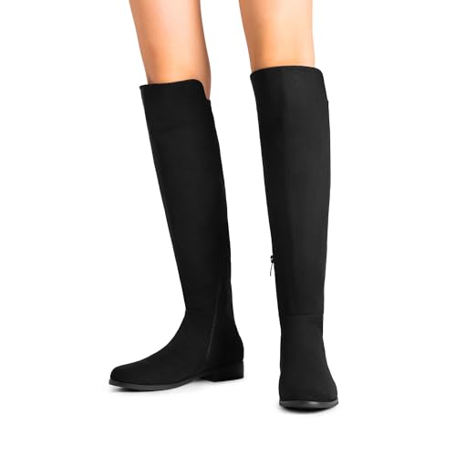 318xtRzU-lL.jpg Women's Knee-High Boots Comfortable Flat Low Heel Round Toe Stretchy Suede Slouch Boots with Side Zipper