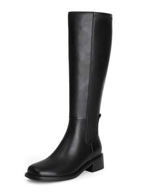 319C7sePJjL.jpg Knee High Boots Women Faux Leather Elastic Boots Low Heel Square Toe Side Zipper Fall Long Tall Boots for Women