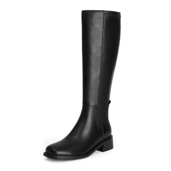 319C7sePJjL.jpg Knee High Boots Women Faux Leather Elastic Boots Low Heel Square Toe Side Zipper Fall Long Tall Boots for Women