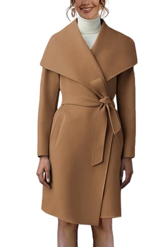 Women's Pea Trench Coat Lapel Collar Long Jacket Open Front Belted Overcoat with Pockets