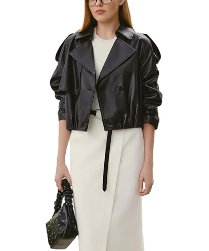 Womens Short Crop Trench Coat - Double Breasted Notched Lapel Stylish Fashion Spring Cropped Jacket for Women