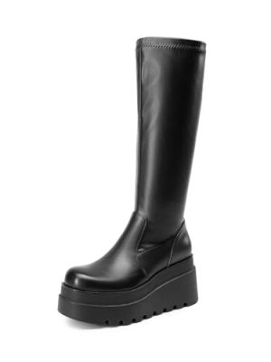 Women's Knee High Boots Wedge Platform Chunky Heel Round Toe Side Zipper Fashion Long Tall Sock Boots