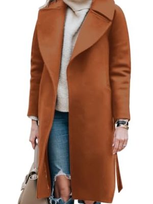Women's Trench Coat Long Wool Blend Pea Coat Winter Casual Overcoat Notched Lapel Collar Belted Long Jacket Outerwear