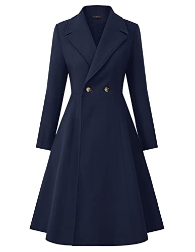 Women's Pea Coat Double Breasted A Line Long Trench Coat Winter Dress Coat with Pockets