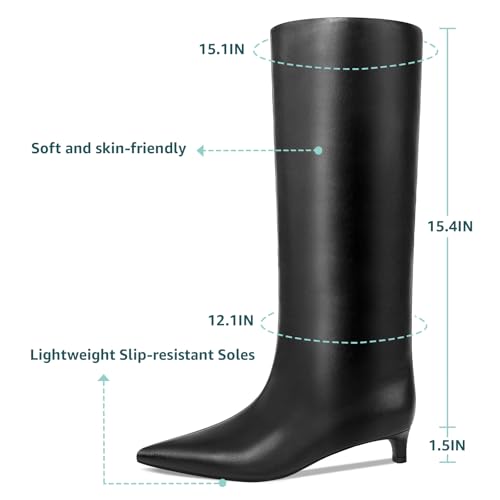 Kitten Heel Knee High Boots for Women, 1.5-in Stiletto Low Heel Long Boots Women Knee High, Womens Pull on Pointed Toe Tall