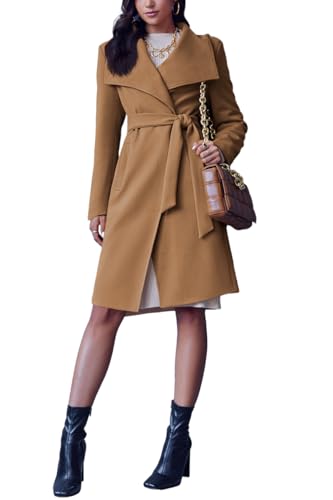 Women's Pea Trench Coat Lapel Collar Long Jacket Open Front Belted Overcoat with Pockets