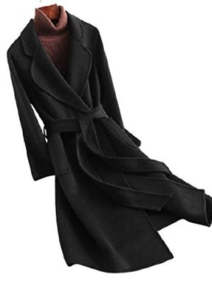 Womens Wool Trench Coats Autumn Winter 100% Wool Solid Color V-Neck Coat Slim Warm Long Overcoat Belt Jackets Outwear