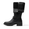 31HT51y9HL.jpg Women's Knee High Boots Low Block Heel Riding Boots Round Toe Side Zipper Biker Motorcycle Buckle Boots