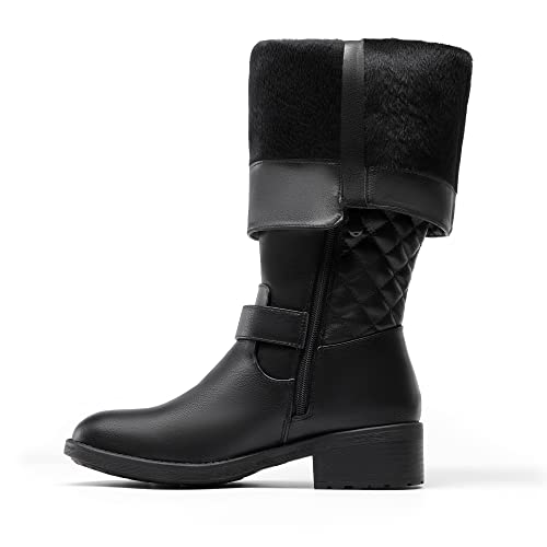 31HT51y9HL.jpg Women's Knee High Boots Low Block Heel Riding Boots Round Toe Side Zipper Biker Motorcycle Buckle Boots
