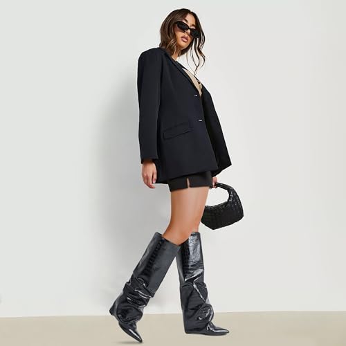 31I0UdO9DiL.jpg Womens Knee High Boots Wide Calf Chunky High Heel Boots Fashion Fold Over Boot Pointed Toe Winter Fall Tall Boots for Women Pull