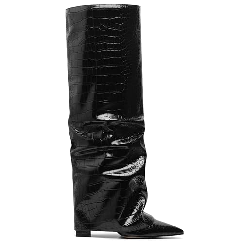 31Ik8fTG7VL.jpg Womens Knee High Boots Wide Calf Chunky High Heel Boots Fashion Fold Over Boot Pointed Toe Winter Fall Tall Boots for Women Pull