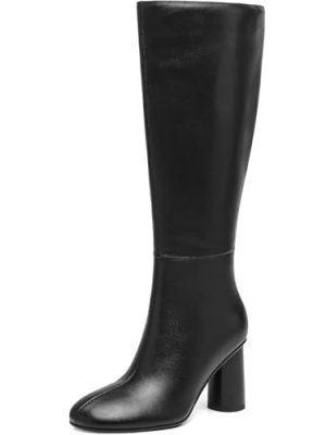 Knee High Boots Women Tall Long Fall Boots Chunky High Heel Round Toe Faux Leather Boots with Side Zipper