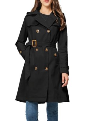 Women's Trench Coat Double Breasted Classic Lapel Overcoat Belted Jacket with Detachable Hood