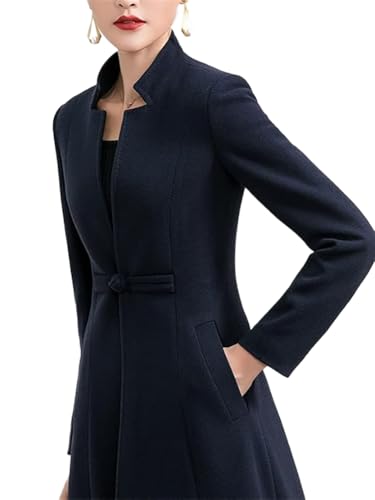 Women's Woolen Blend Ankle Length Long Trench Coat Stand Collar Outwear Overcoat