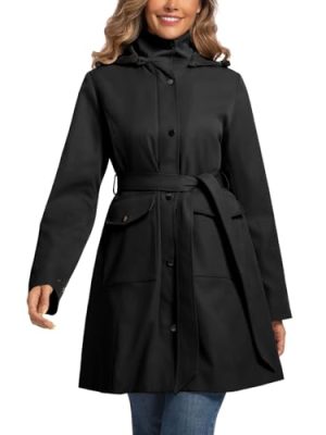 Womens Trench Coat Waterproof Rain Jacket Rain-blocking Brim Detachable Hood Raincoat with Belt Outdoor Travel