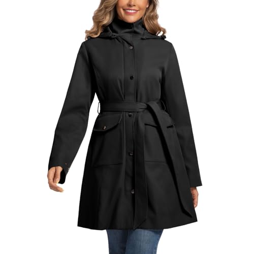 31MoLzGSZML.jpg Womens Trench Coat Waterproof Rain Jacket Rain-blocking Brim Detachable Hood Raincoat with Belt Outdoor Travel