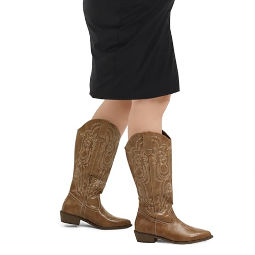 31O5G9ZSMvL.jpg Women's Wide Calf Cowboy Boots Pull on Cowgirl Embroidered Mid Calf Pointed Toe Chunky Heel Western Boots