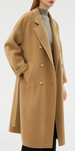 100 Wool Double-faced Women Wool Blend Coat Double-breasted Casual Cashmere Coat Belted Trench Jacket with Pockets
