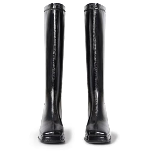 Fashion Knee High Boots Women Chunky Heel Square Toe Tall Boots for Women High Heel Black Side Zipper Long Boots