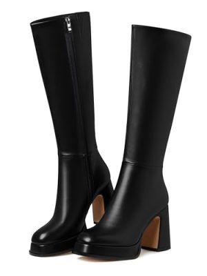 Knee High Boots Platform Leather Chunky Heel Fall Boot for Women 2025 Square Toe Side Zipper