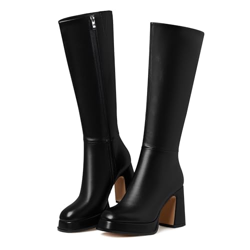 Knee High Boots Platform Leather Chunky Heel Fall Boot for Women 2025 Square Toe Side Zipper