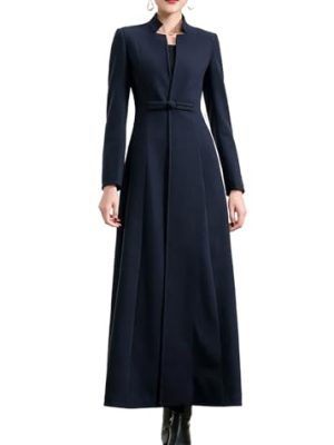 Women's Woolen Blend Ankle Length Long Trench Coat Stand Collar Outwear Overcoat
