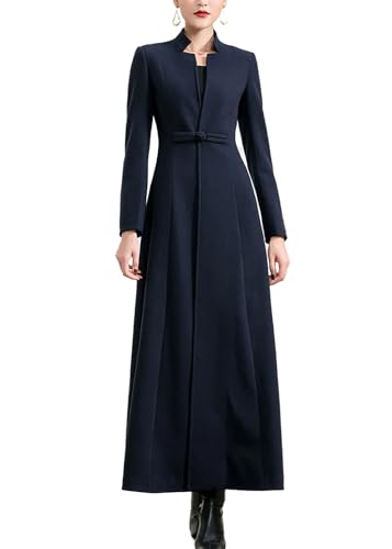 Women's Woolen Blend Ankle Length Long Trench Coat Stand Collar Outwear Overcoat