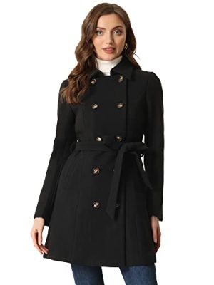 Winter Trench Coat for Women Overcoat Belted Outwear Double Breasted Mid Long Pea Coat