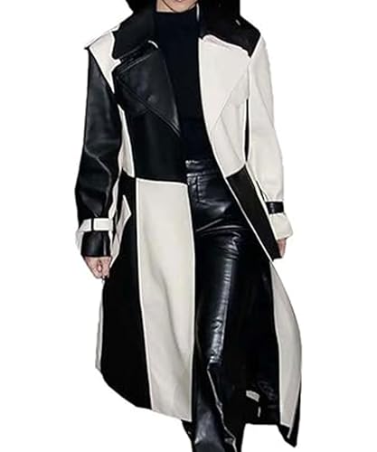 Women's Casual Real Lambskin Designer Handmade Two Tone Long Leather Trench Coat Full Length Overcoat