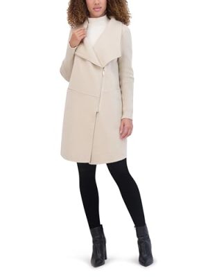 Women's Asymmetrical Zip Front Double Face Wool with Rib Knit Sleeve Coat