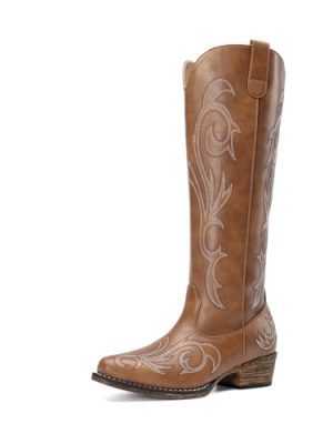 31Wkry5n4gL.jpg Womens Cowboy Boots Comfortable Cowgirl Knee High Boots Pull On Side Zipper Chunky Heel Embroidered Western Boots