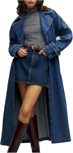 31ZMdYQ3eoL.jpg Women's Denim Trench Coat Double Breasted Jean Midi Overcoat Classic Lapel Long Jackets With Belt