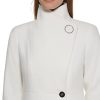 Women's Ring Snap Detail Asymmetrical Closure Stand Collar Welt Pockets Coat